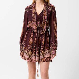 Farm Rio Burgundy tie up neck mini dress